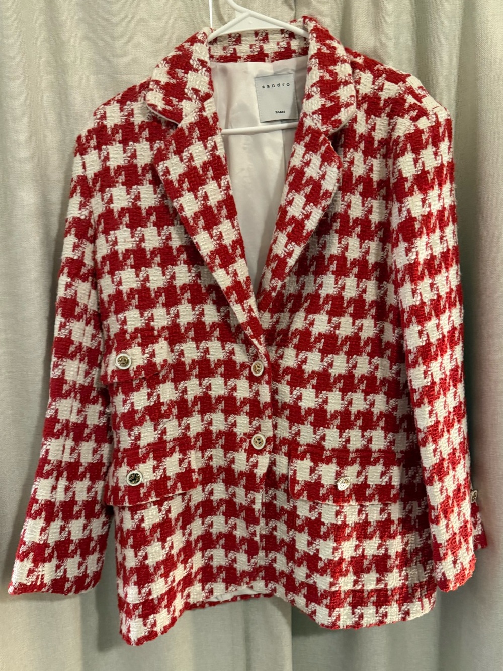 Sandro Floriane Red & Ivory Houndstooth Tweed Blazer Size 2/FR 38